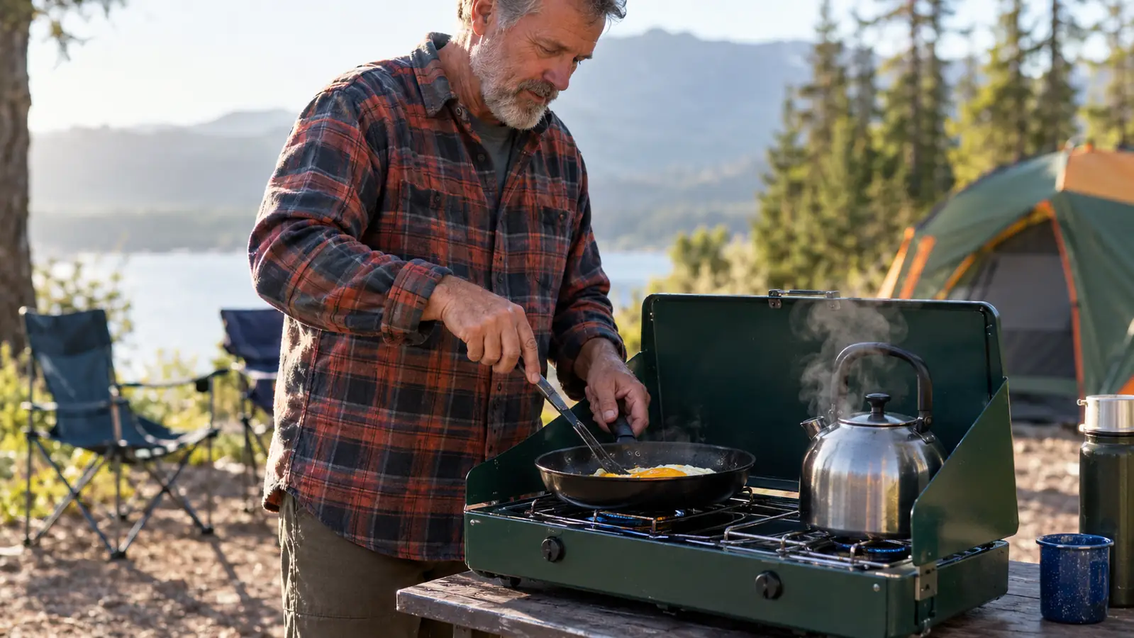 A camper cooking breakfast on a two-burner camp stove with a kettle and a pan going at once